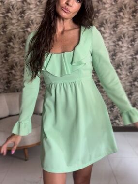VTG Vintage Mint Ruffle-Trim Long Sleeve Babydoll Mini Dress